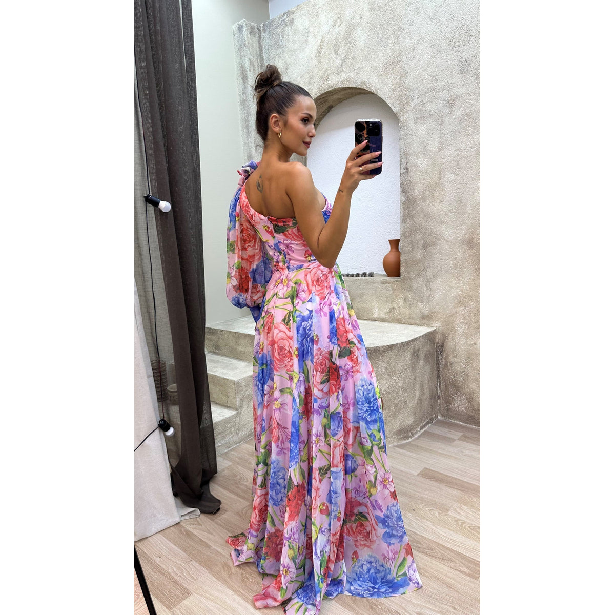 Flowy Shoulder Dress Women Chic Floral Print Summer Event Maxi Dress 1