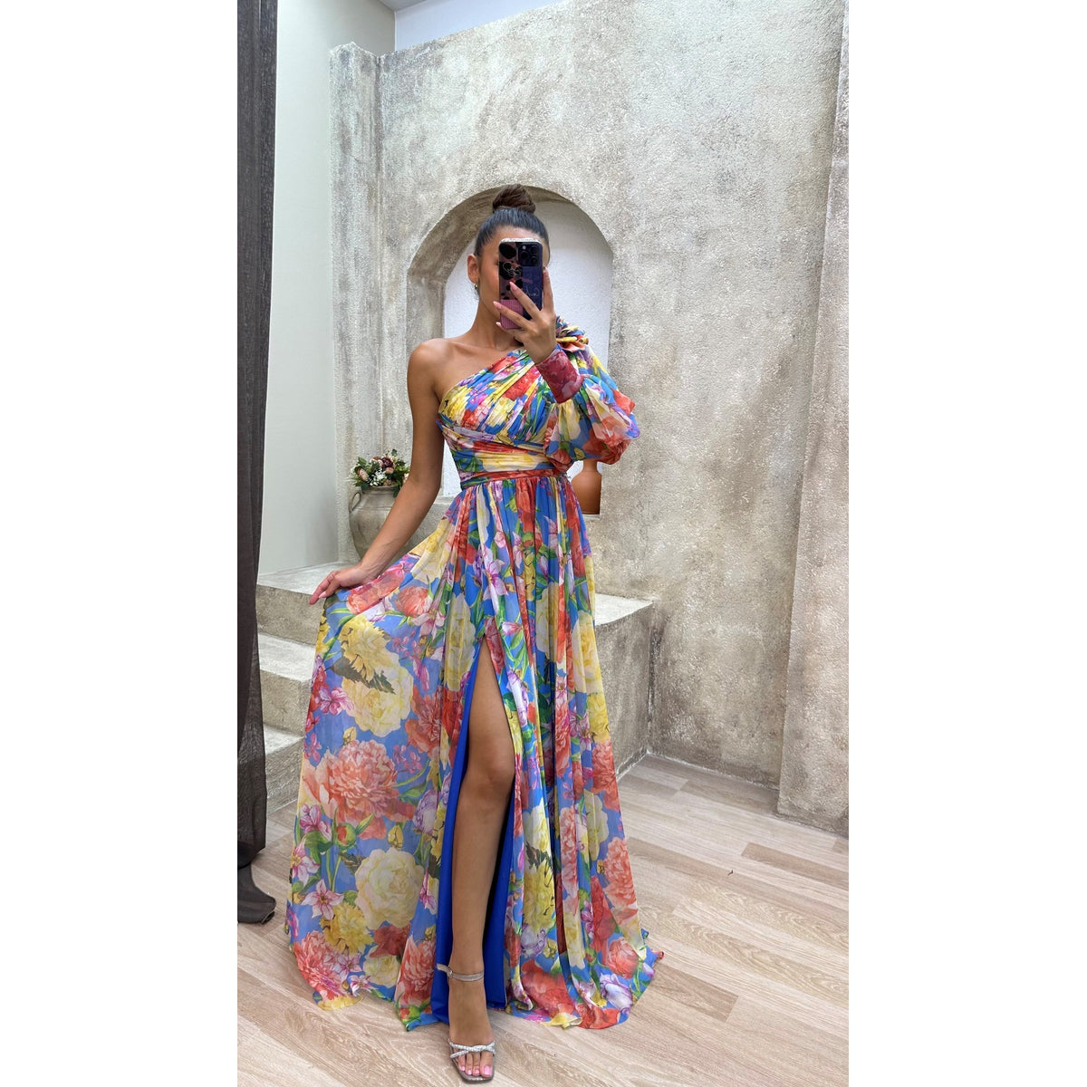 Flowy Shoulder Dress Women Chic Floral Print Summer Event Maxi Dress 2