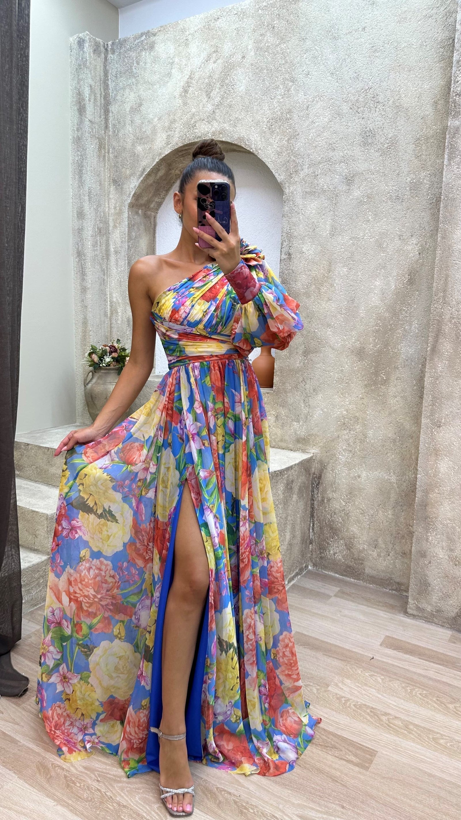 Flowy Shoulder Dress Women Chic Floral Print Summer Event Maxi Dress 2