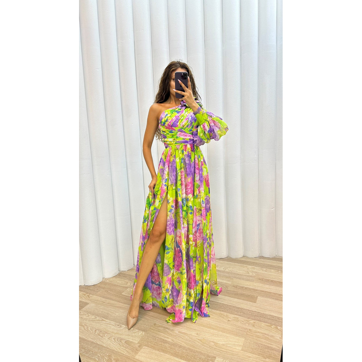 Flowy Shoulder Dress Women Chic Floral Print Summer Event Maxi Dress 3