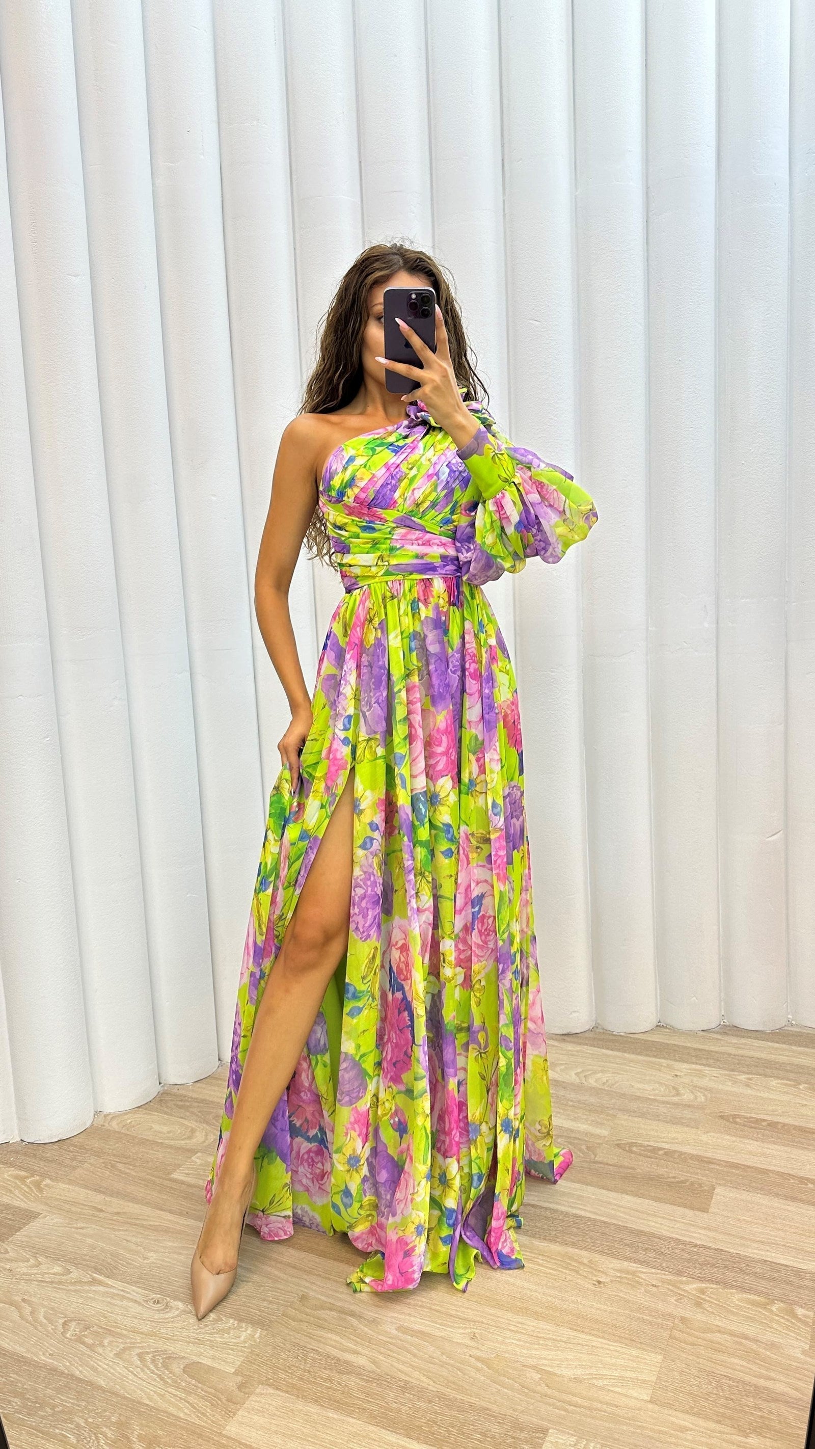 Flowy Shoulder Dress Women Chic Floral Print Summer Event Maxi Dress 3