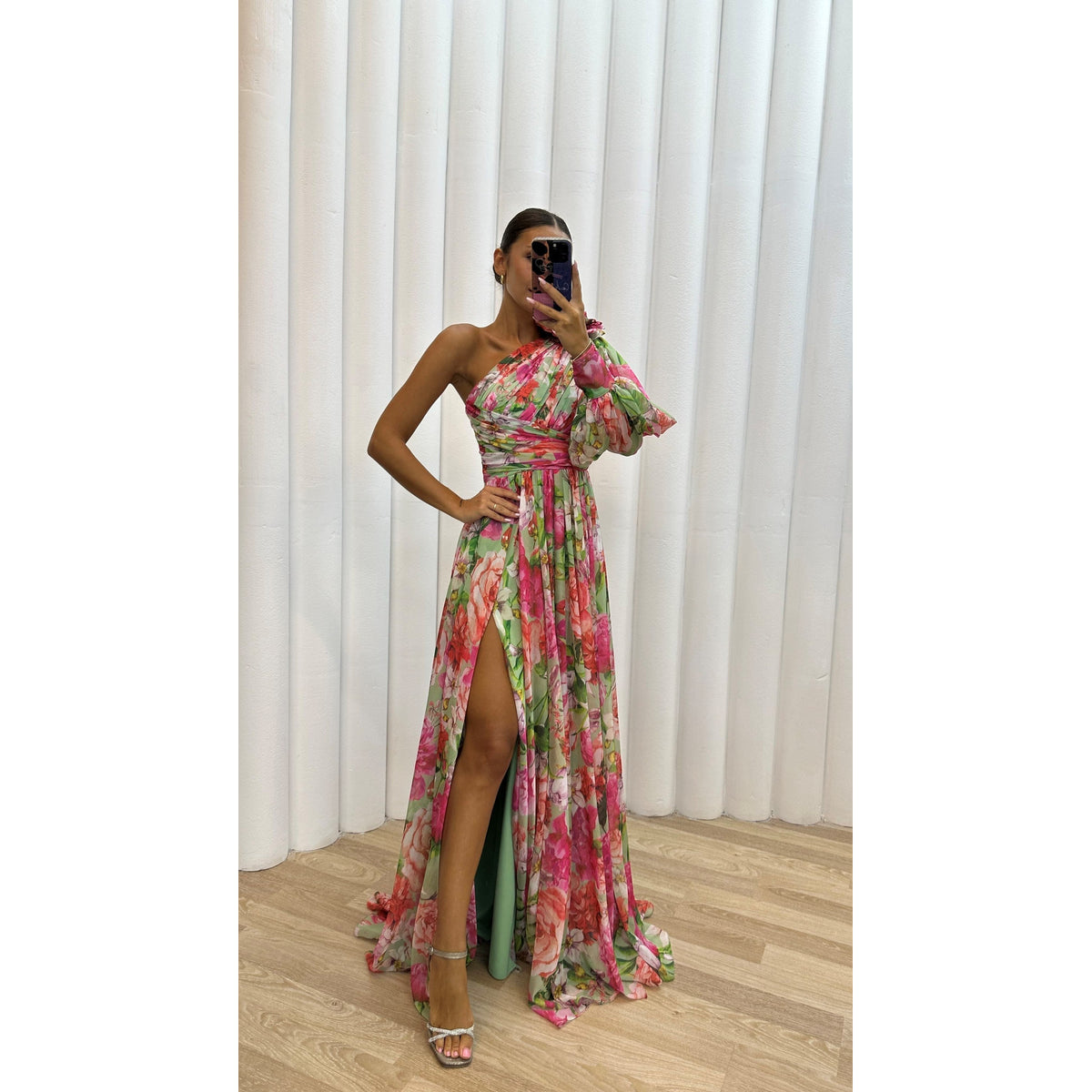 Flowy Shoulder Dress Women Chic Floral Print Summer Event Maxi Dress 4