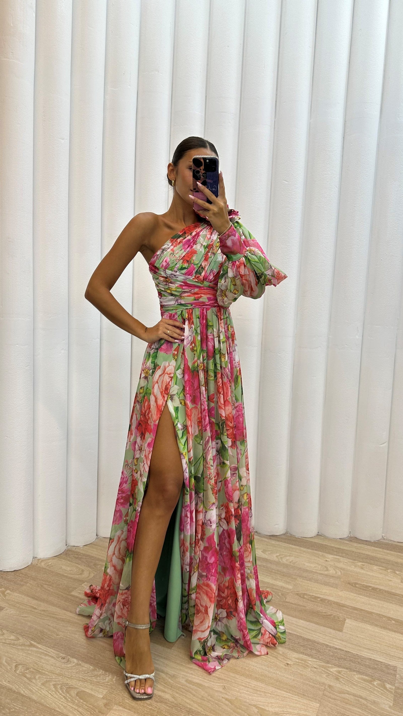 Flowy Shoulder Dress Women Chic Floral Print Summer Event Maxi Dress 4