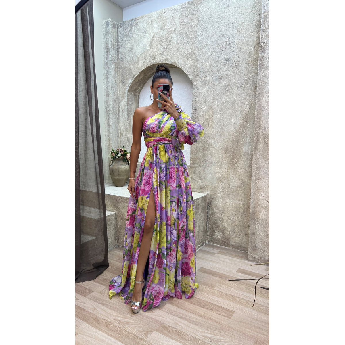 Flowy Shoulder Dress Women Chic Floral Print Summer Event Maxi Dress 5