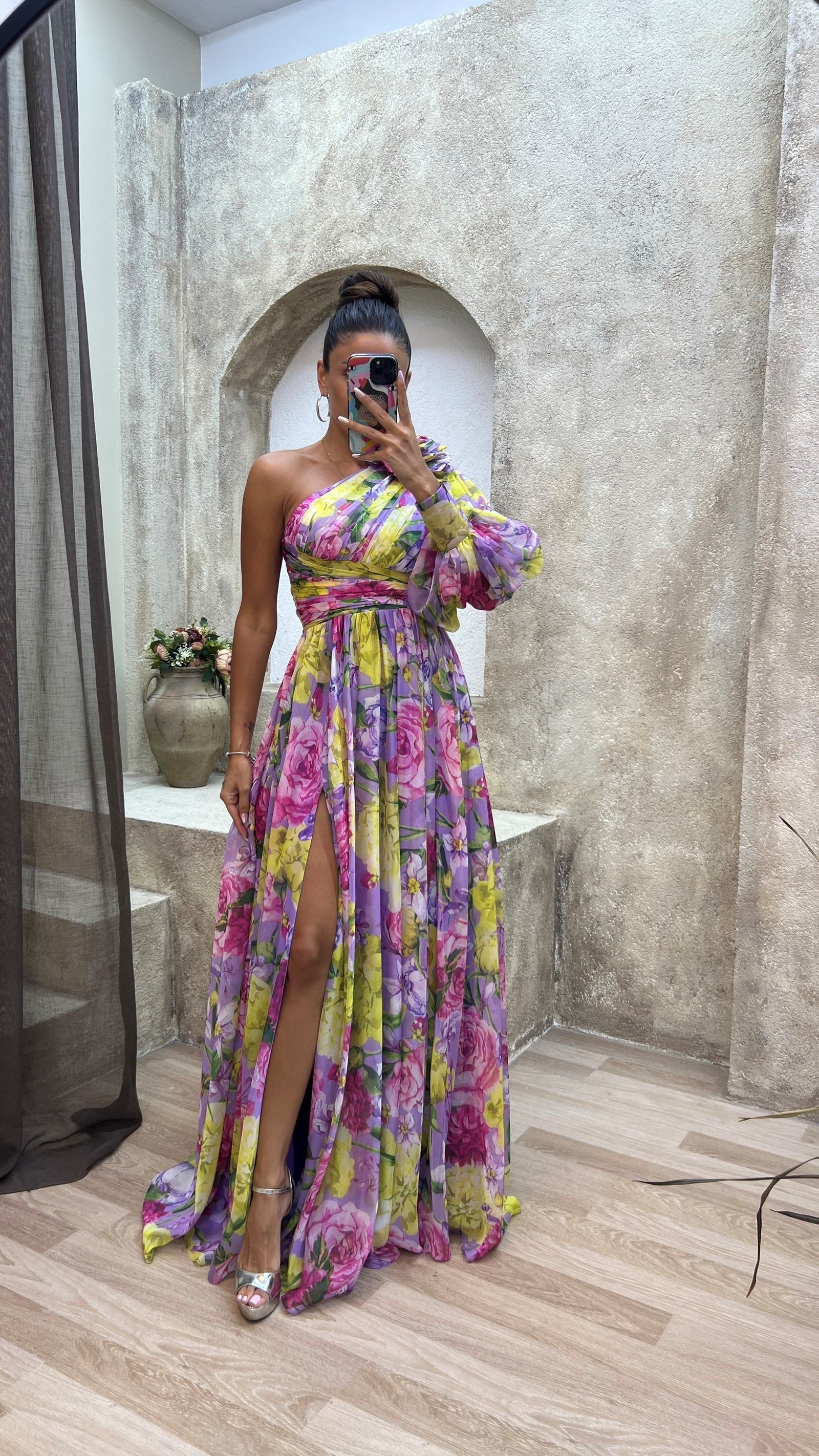 Flowy Shoulder Dress Women Chic Floral Print Summer Event Maxi Dress 5