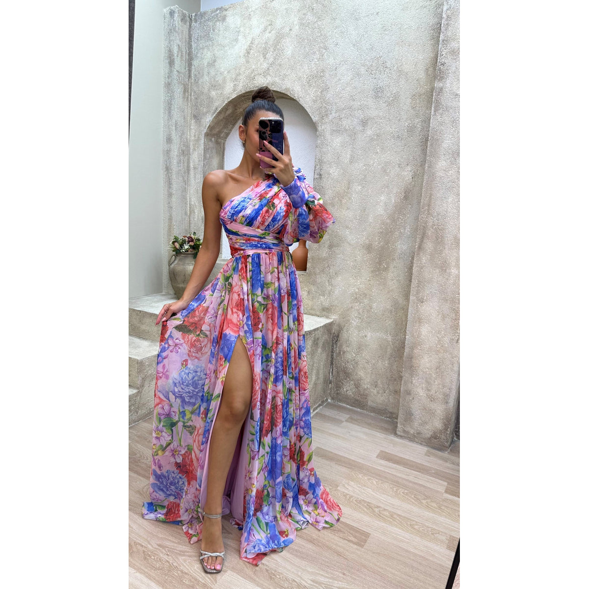 Flowy Shoulder Dress Women Chic Floral Print Summer Event Maxi Dress 6