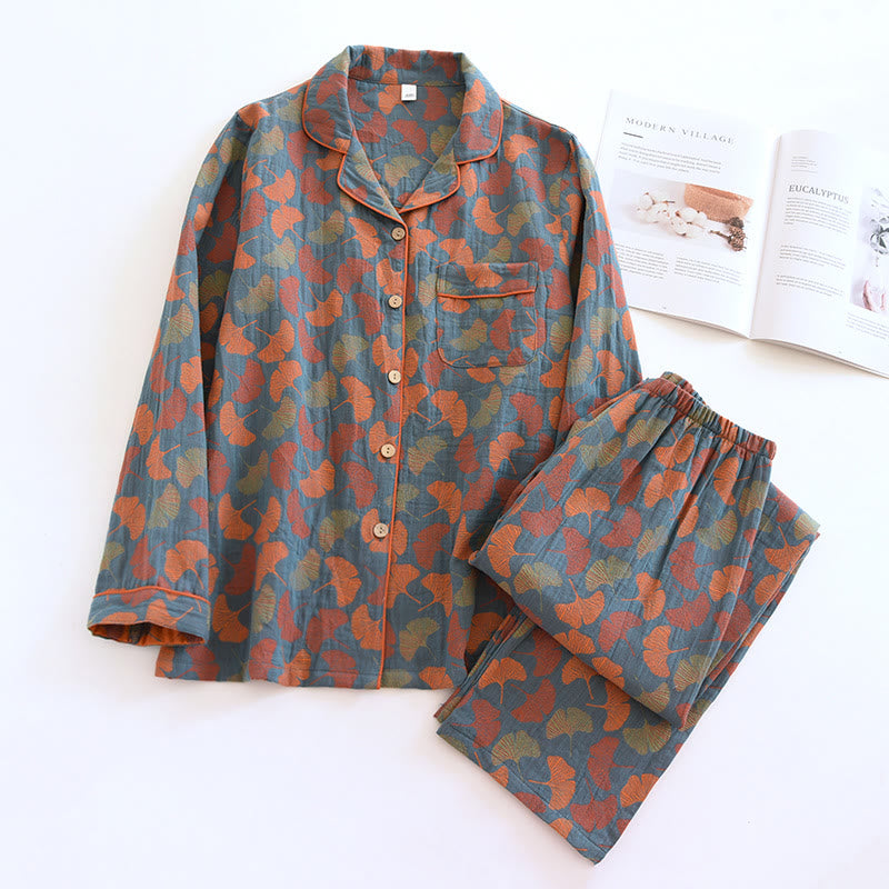 Ginkgo Leaf Button Cotton Loungewear Set Women Breathable Chic Style 0