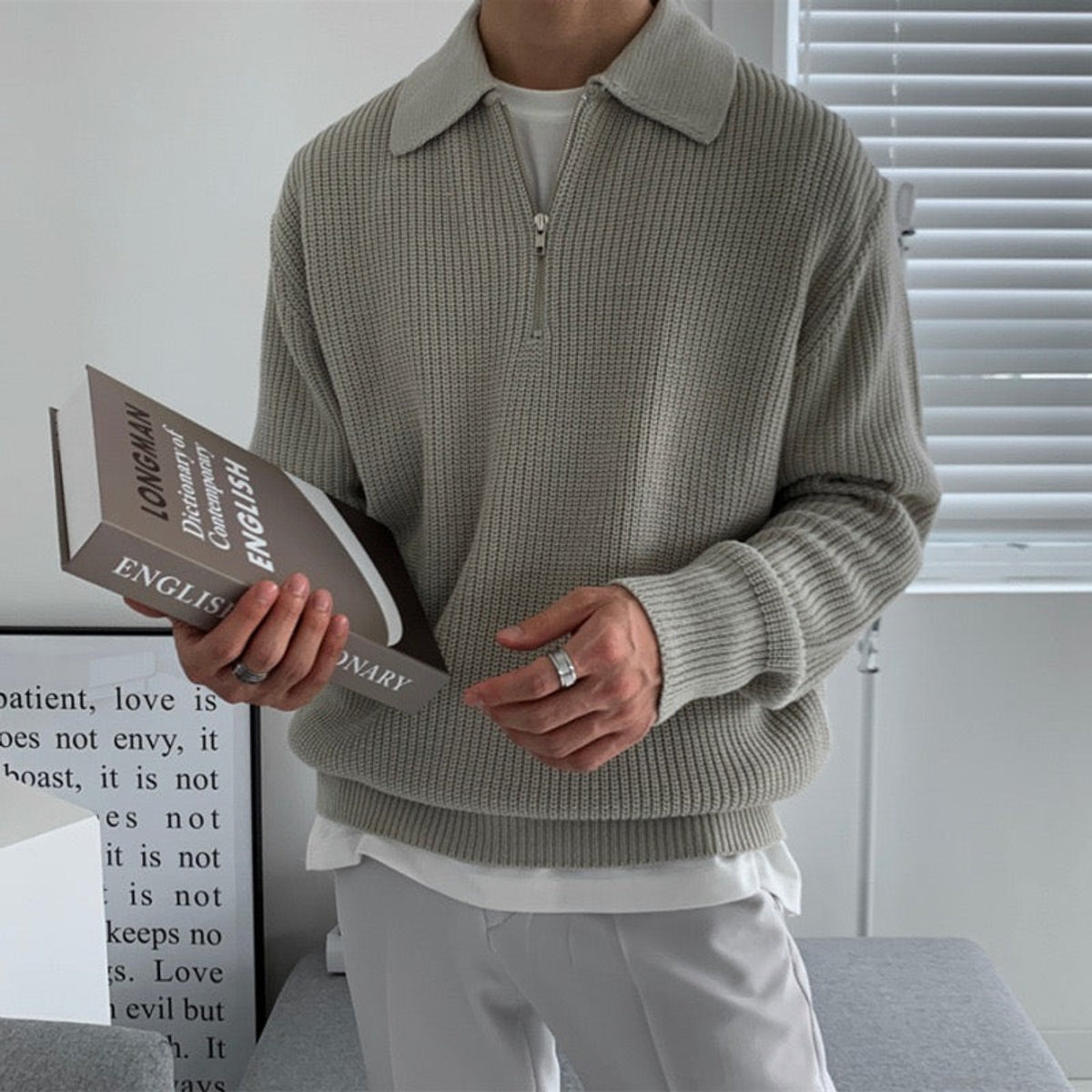 Half-Zip Polo Sweater Men Cotton Textured Design Casual Stylish 0