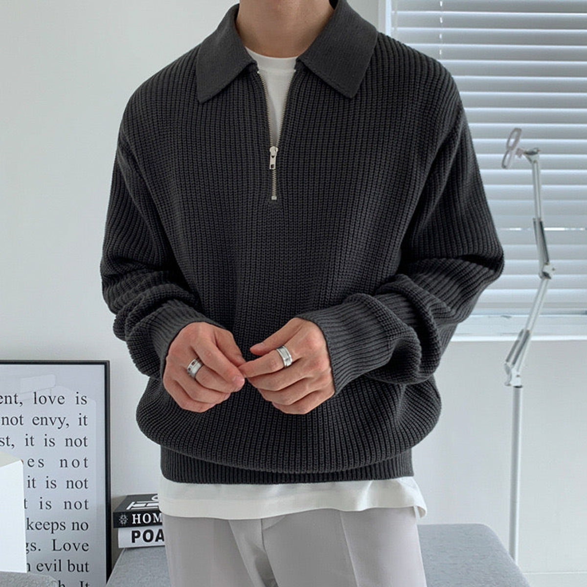 Half-Zip Polo Sweater Men Cotton Textured Design Casual Stylish 9