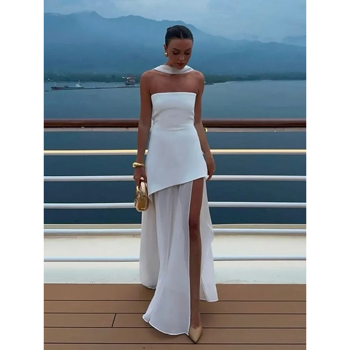 High-Slit Maxi Dress for Women with Sheer Overlay and Elegant Flow 0