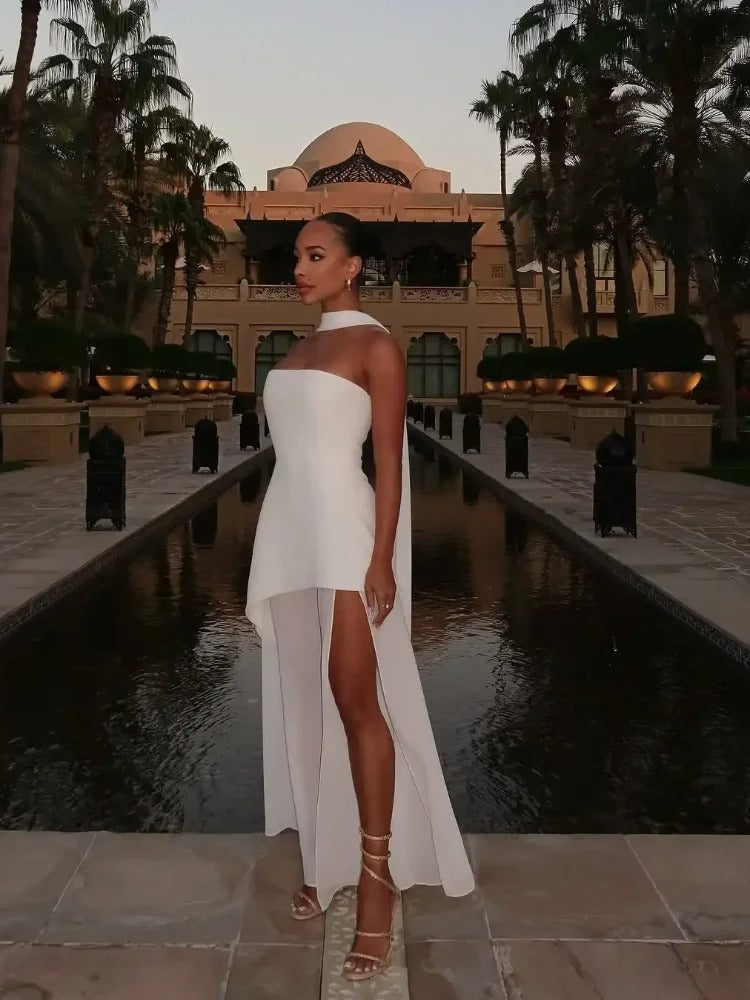 High-Slit Maxi Dress for Women with Sheer Overlay and Elegant Flow 3