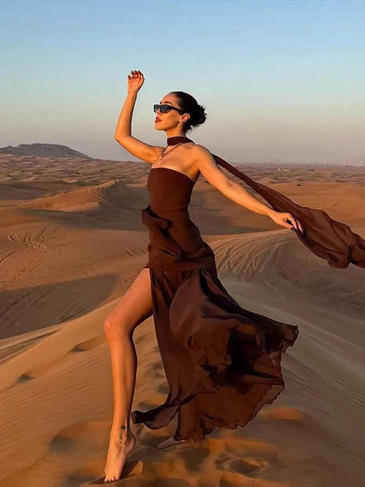 High-Slit Maxi Dress for Women with Sheer Overlay and Elegant Flow 5