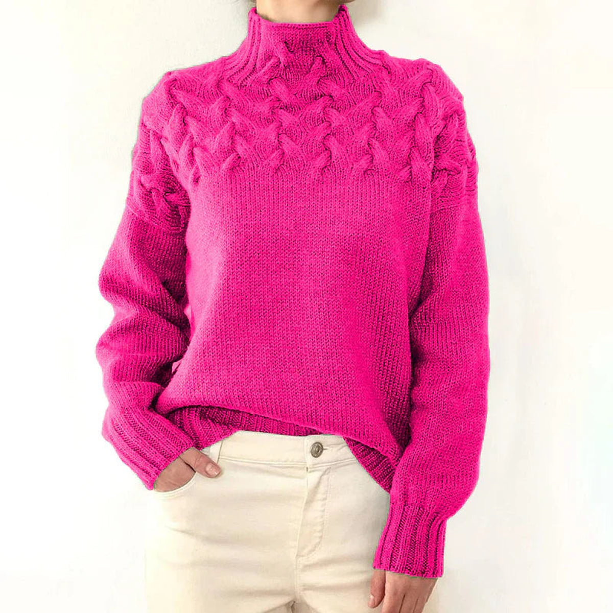 High Neck Cable Knit Sweater Women Sophisticated Elegant Design 0