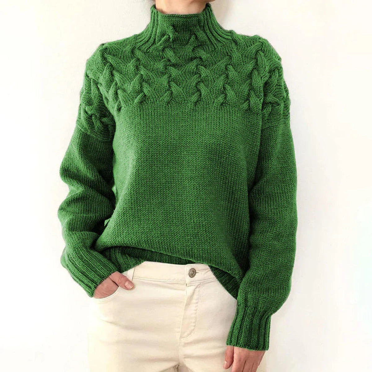 High Neck Cable Knit Sweater Women Sophisticated Elegant Design 11