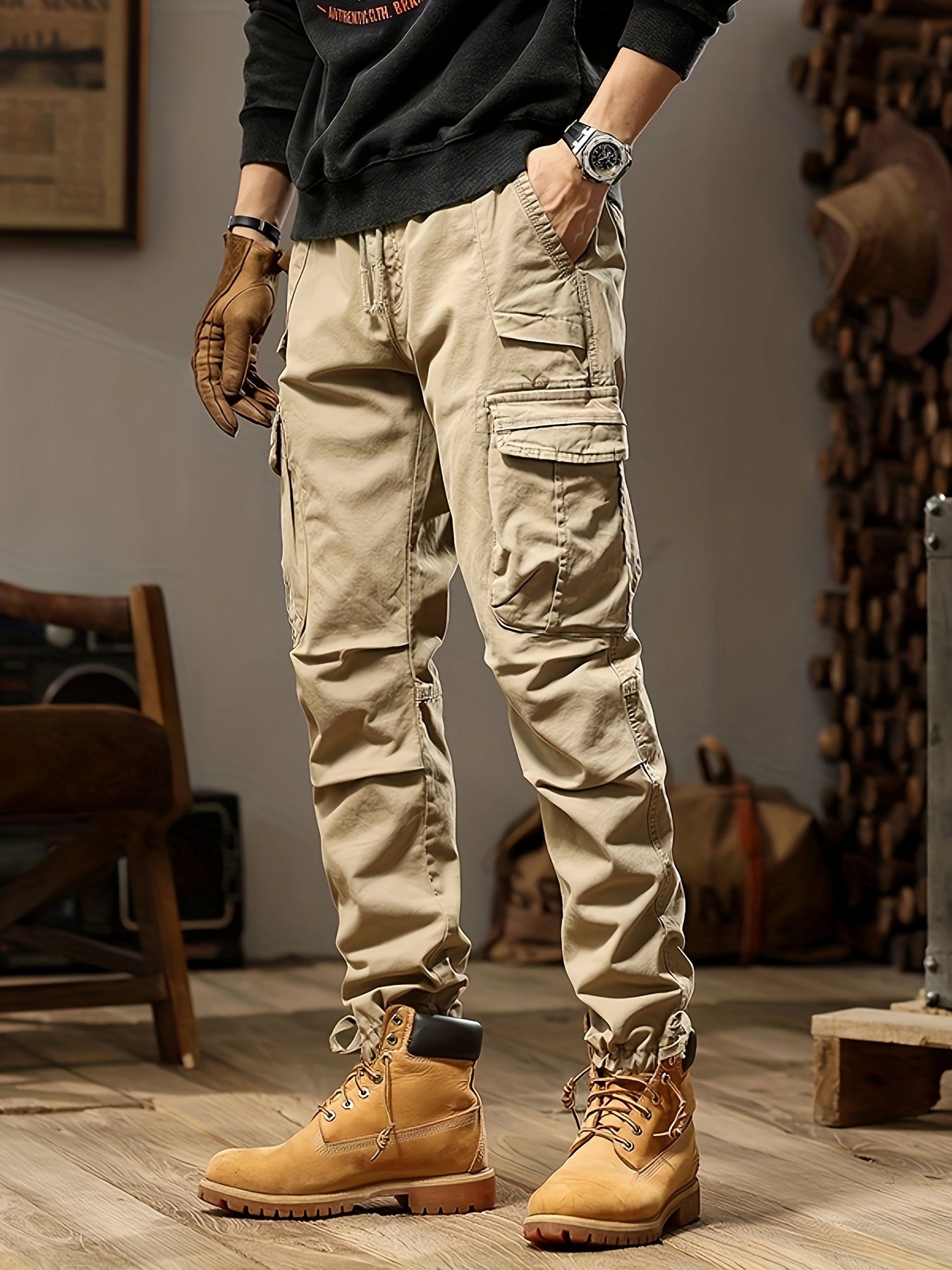 High Waist Black Cargo Pants for Men - Relaxed Fit, Utility Pockets, Urban Style 0