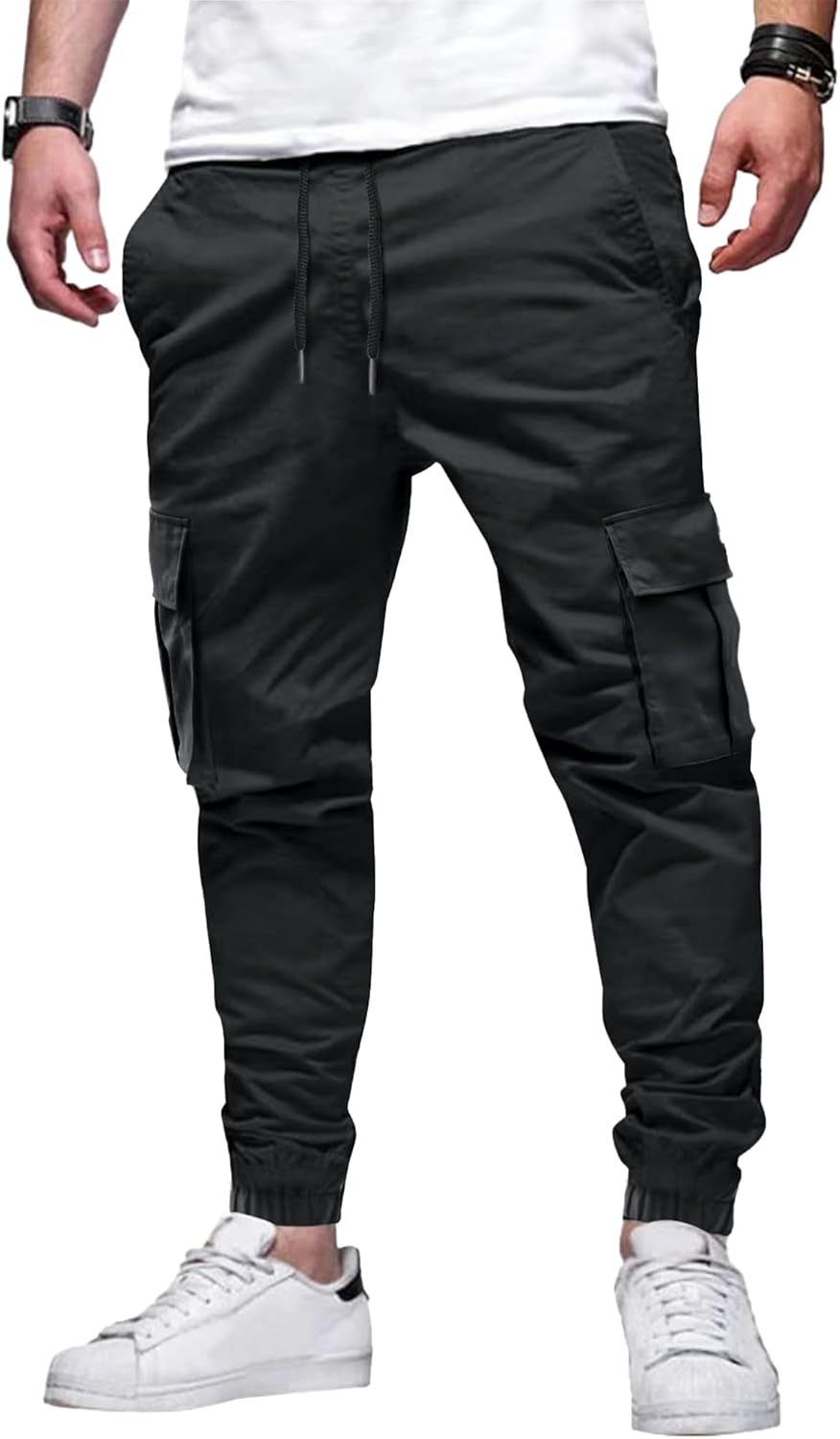 High Waist Black Cargo Pants for Men with Adjustable Drawstring & Utility Pockets 0
