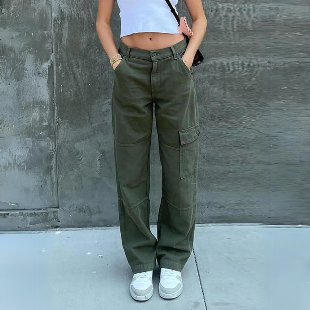 High Waist Black Cargo Pants for Women - Relaxed Fit with Utility Pockets 0
