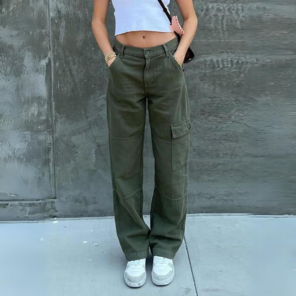 High Waist Black Cargo Pants for Women - Relaxed Fit with Utility Pockets 0