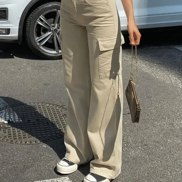 High Waist Black Cargo Pants for Women with Utility Pockets - Relaxed Fit Streetwear Trousers 0