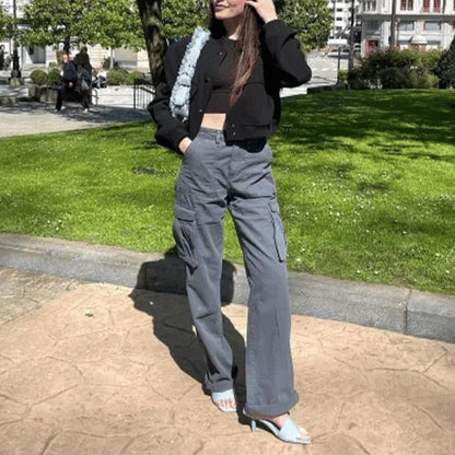 High Waist Black Cargo Pants for Women with Utility Pockets - Relaxed Fit Streetwear Trousers 5