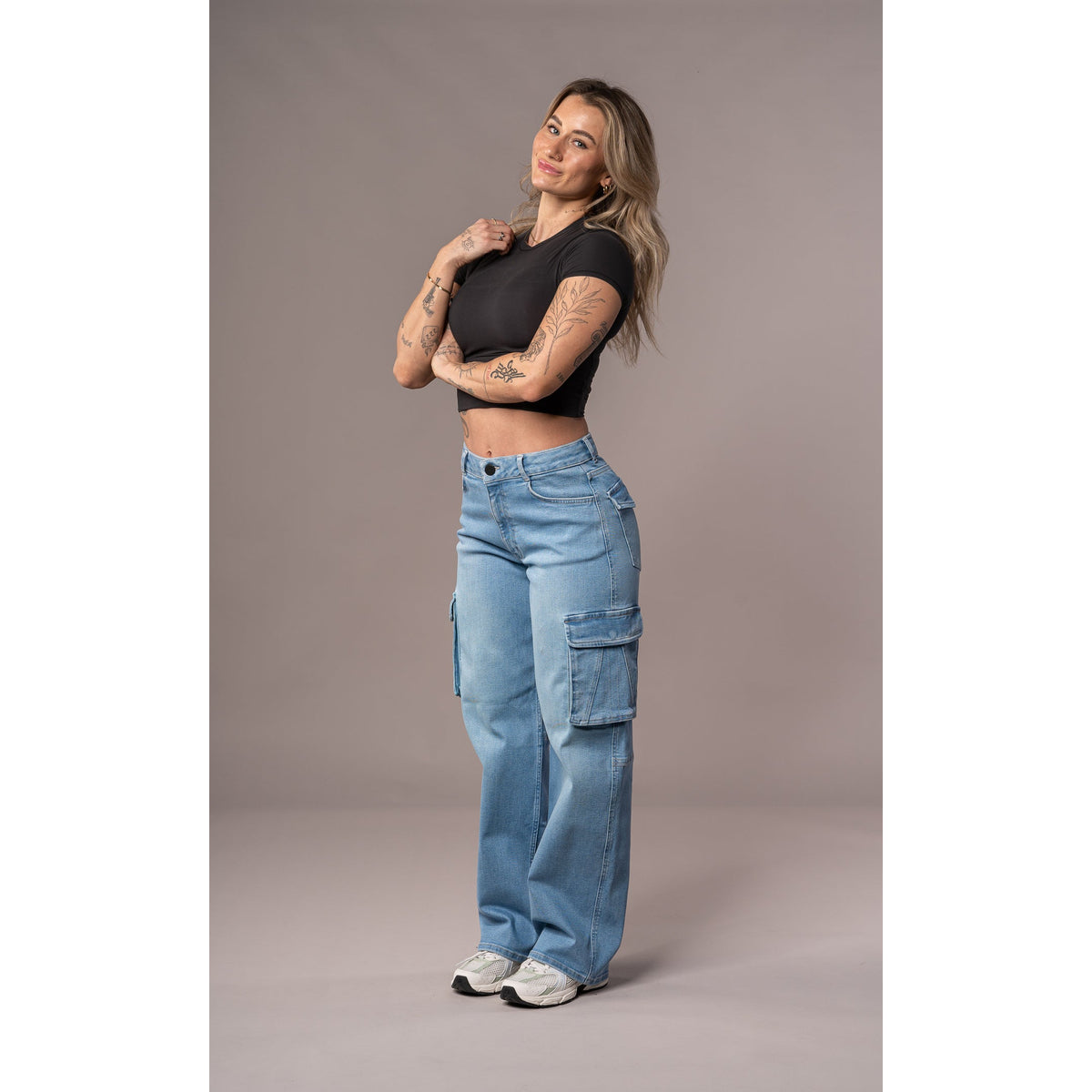 High Waist Cargo Pants for Women - Soft Stretch Denim, Utility Pockets, Urban Style 0