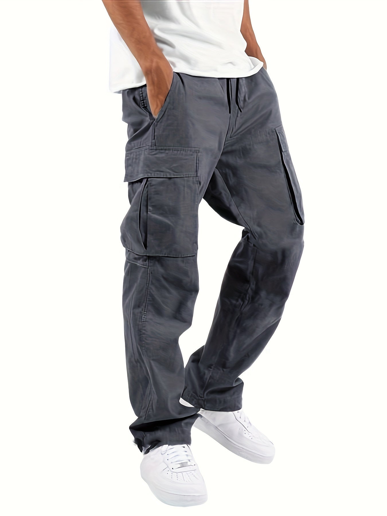 High Waist Mens Cargo Pants - Relaxed Fit, Utility Pockets, Soft Durable Fabric, Black 3