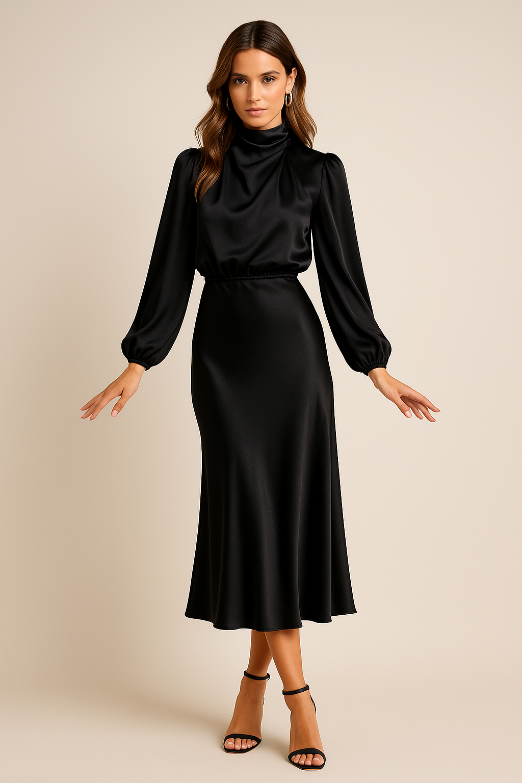 High Waist Midi Dress Women Elegant Cotton Blend Casual Chic 3