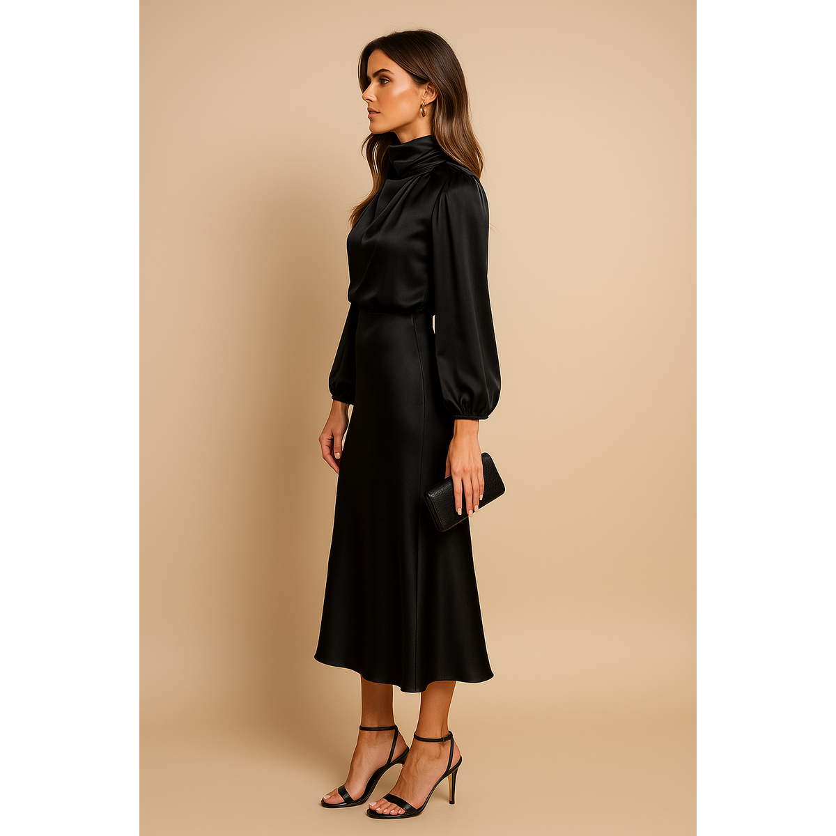 High Waist Midi Dress Women Elegant Cotton Blend Casual Chic 4