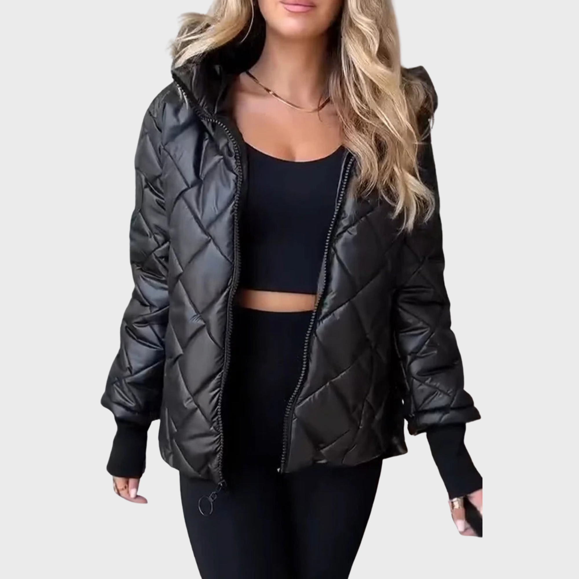 Hooded Black Puffer Jacket Women Insulated Diamond Quilted Winter Coat 3
