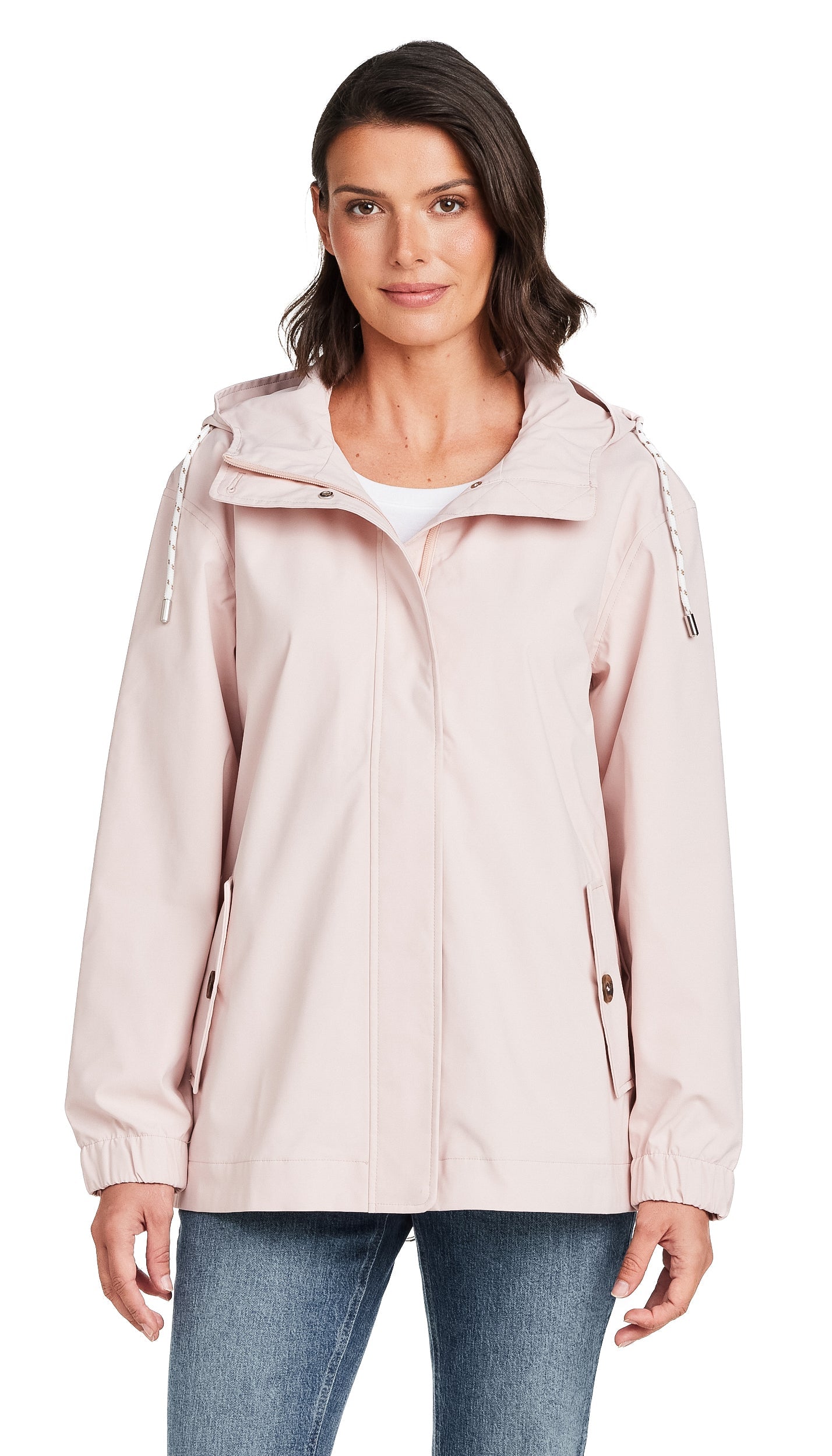 Hooded Rain Jacket Women Waterproof with Elastic Cuffs and Flap Pockets 1