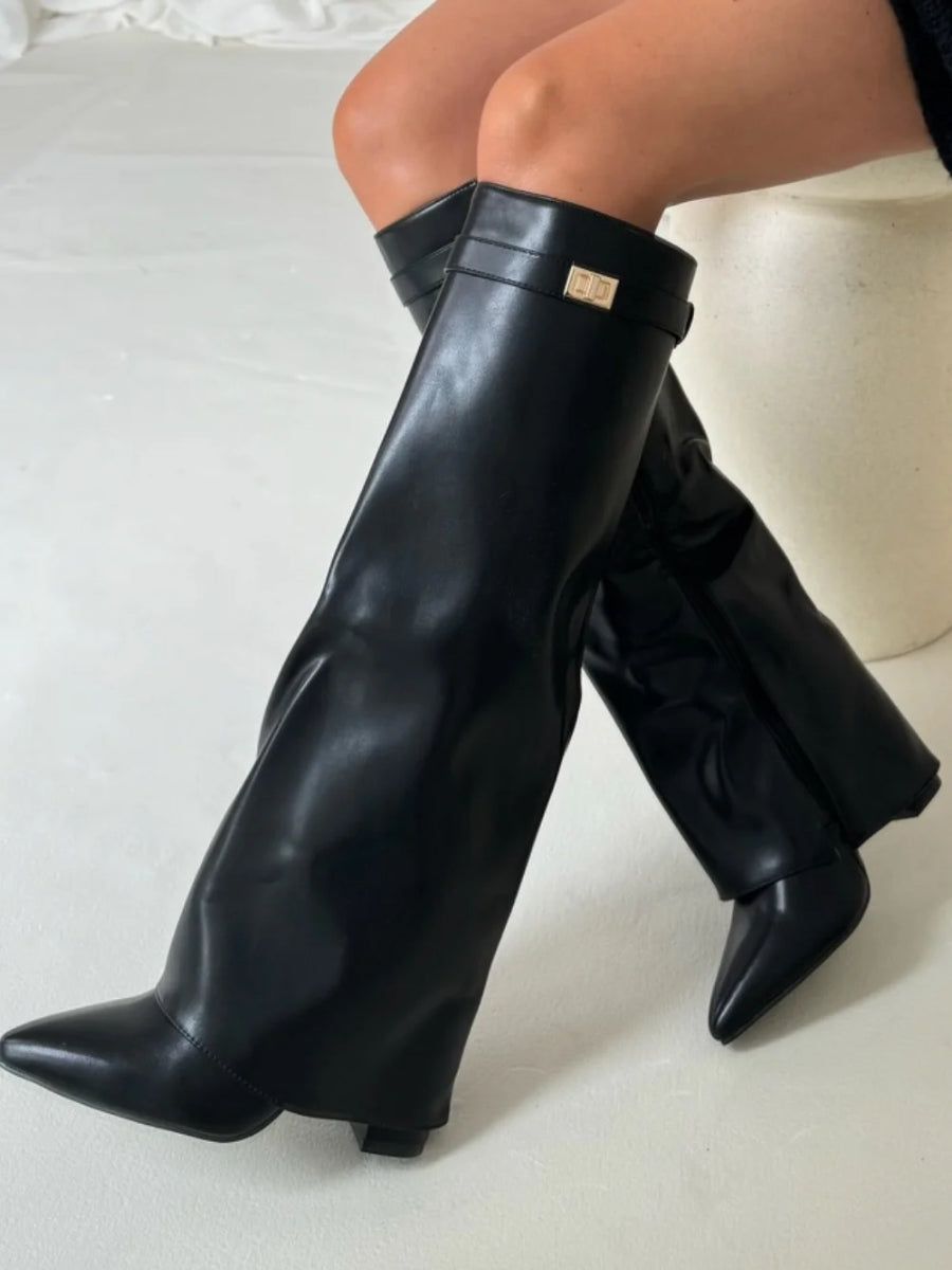 Knee High Boots Women Black Wide Flare Top Block Heel Chic 11