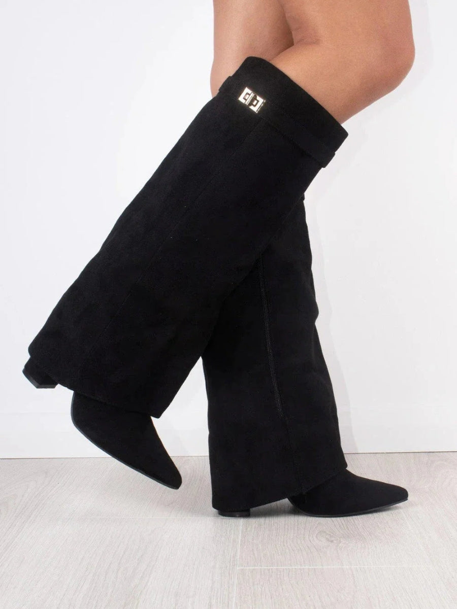 Knee High Boots Women Black Wide Flare Top Block Heel Chic 3