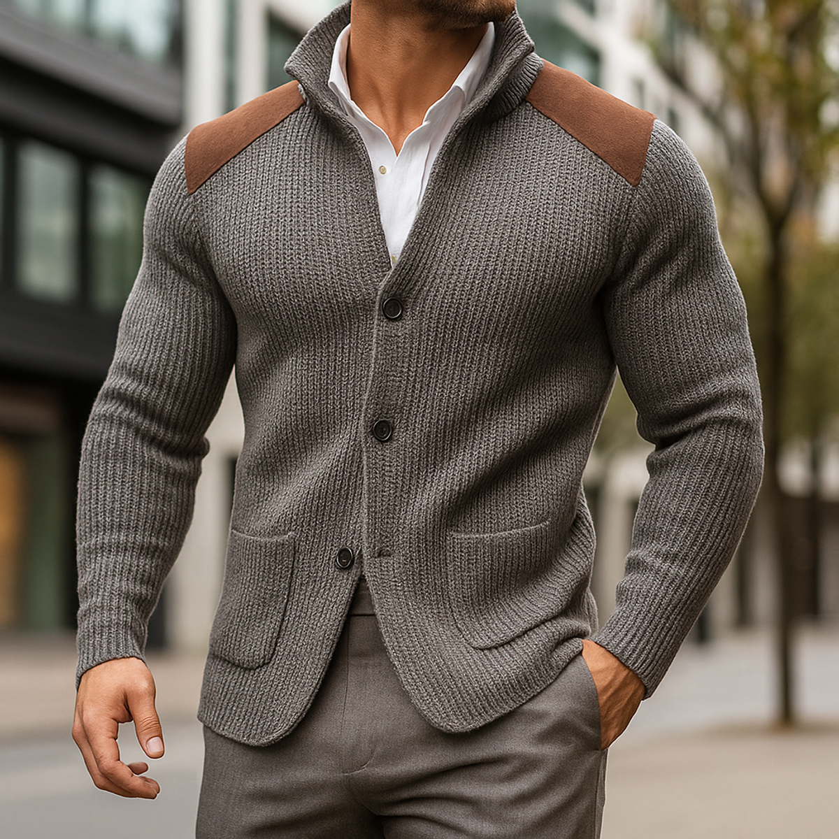 Knitted Blazer with Suede Accents Modern Elegance Casual Chic 0