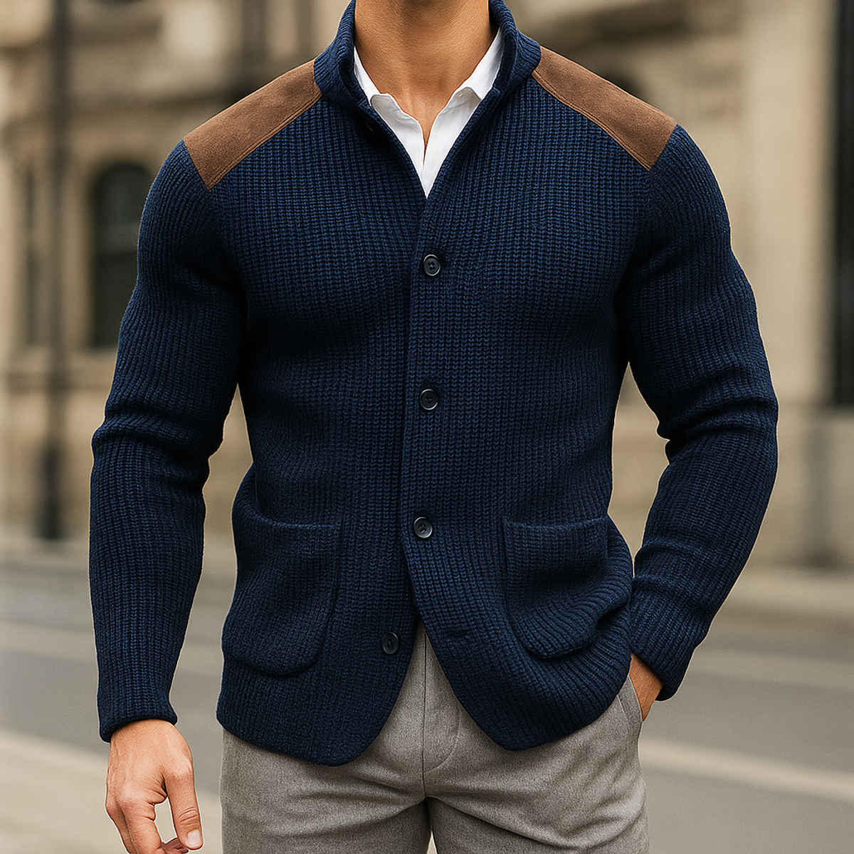Knitted Blazer with Suede Accents Modern Elegance Casual Chic 1
