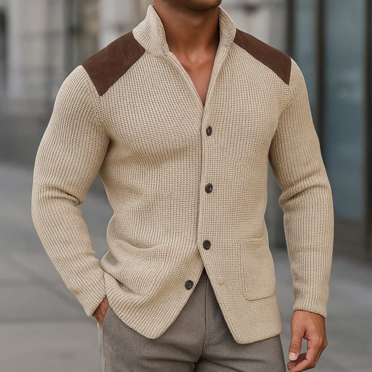 Knitted Blazer with Suede Accents Modern Elegance Casual Chic 5
