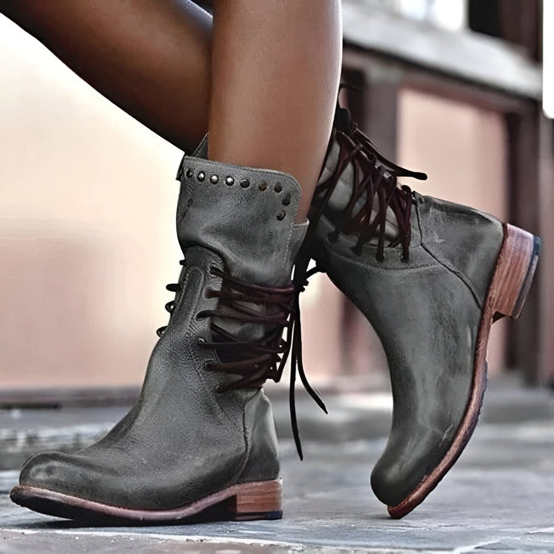 Lace-Up Mid-Calf Boots Women Studded Vintage Style Low Heel Casual 4