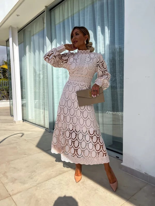 Lace Midi Dress with Sleeves High Neck Elegant Charm for Women 0