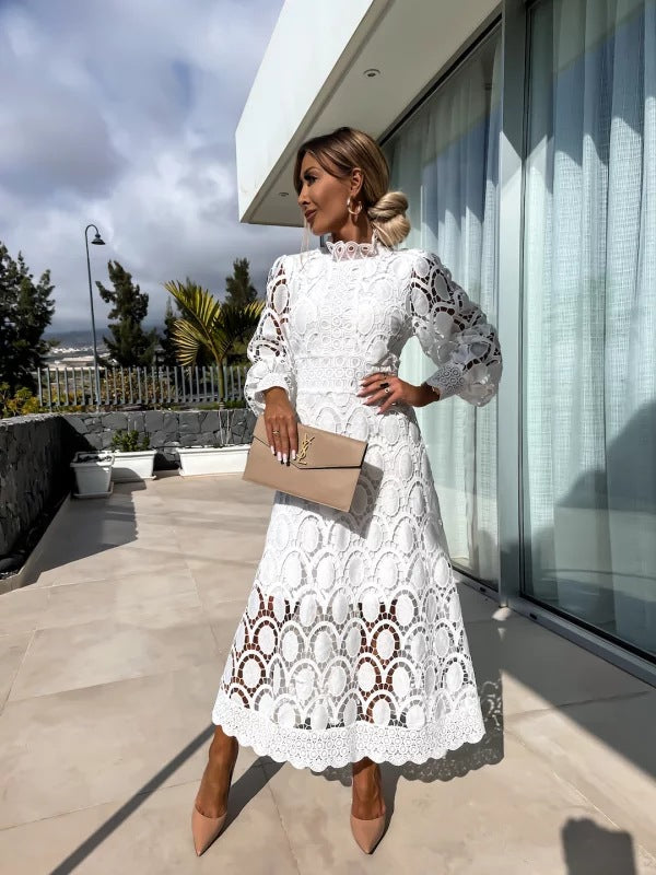 Lace Midi Dress with Sleeves High Neck Elegant Charm for Women 2