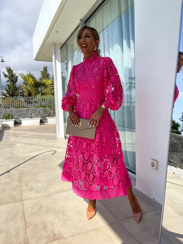 Lace Midi Dress with Sleeves High Neck Elegant Charm for Women 3
