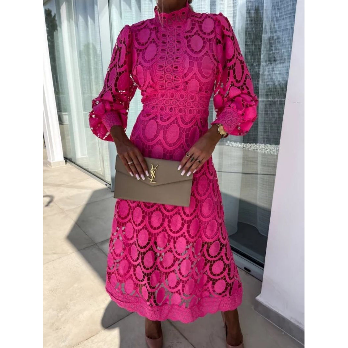 Lace Midi Dress with Sleeves High Neck Elegant Charm for Women 4