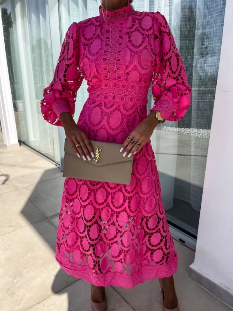 Lace Midi Dress with Sleeves High Neck Elegant Charm for Women 4