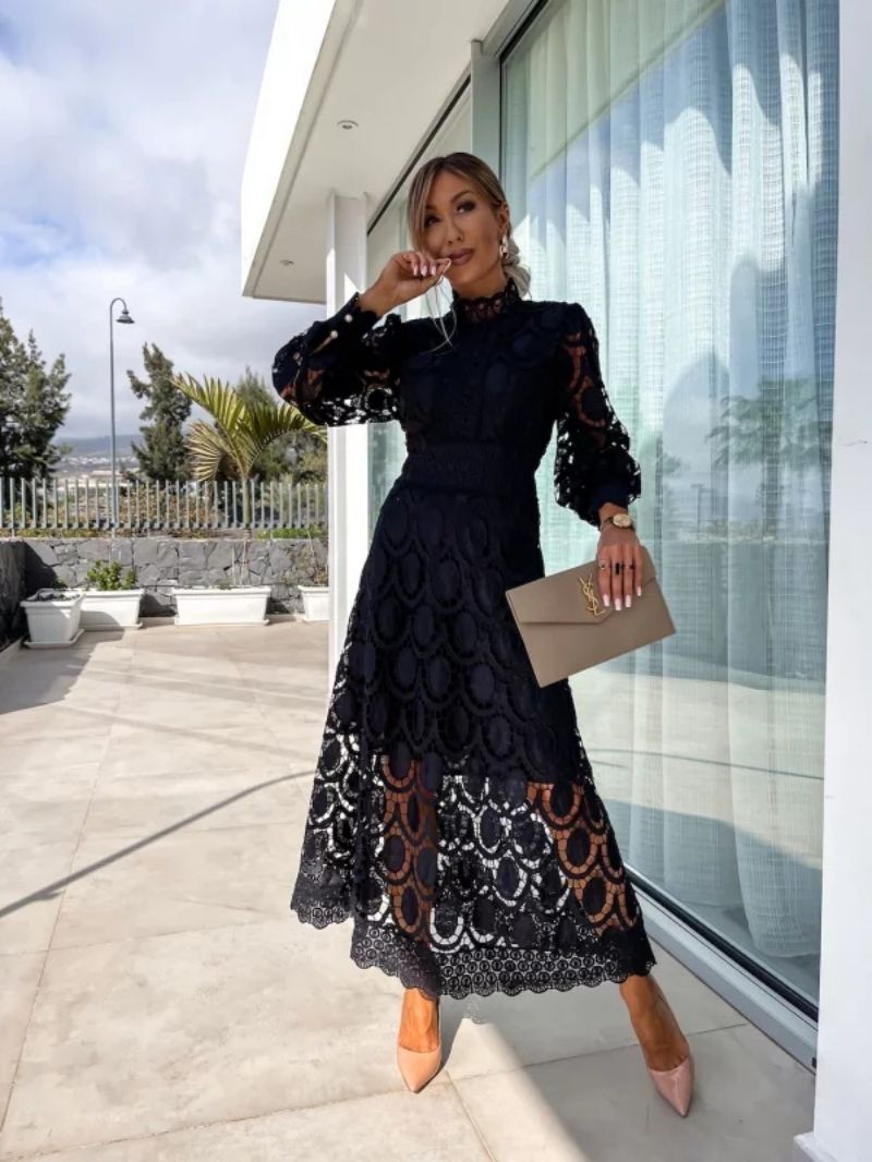 Lace Midi Dress with Sleeves High Neck Elegant Charm for Women 5