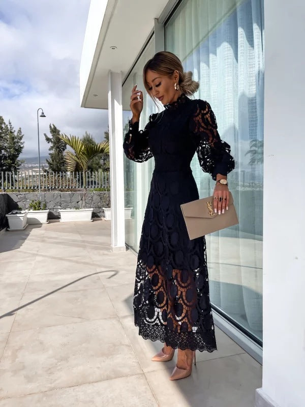 Lace Midi Dress with Sleeves High Neck Elegant Charm for Women 6