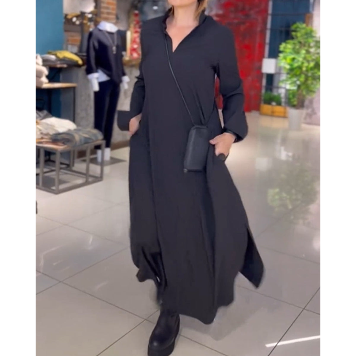 Lapel Loose Maxi Dress Women Side Slit Casual Elegant Fashion 0