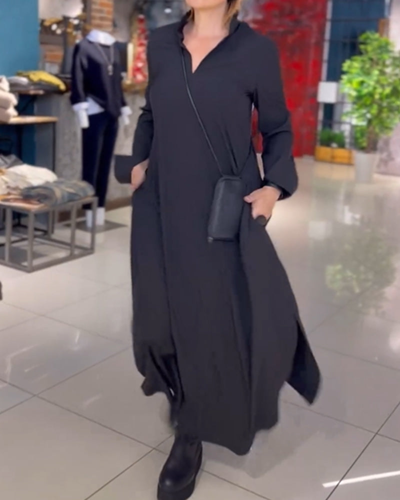 Lapel Loose Maxi Dress Women Side Slit Casual Elegant Fashion 0