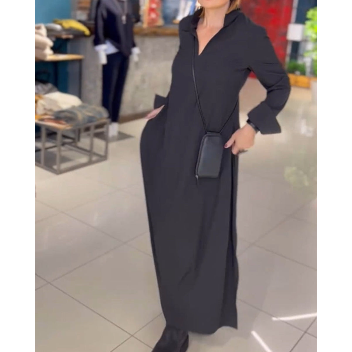 Lapel Loose Maxi Dress Women Side Slit Casual Elegant Fashion 2