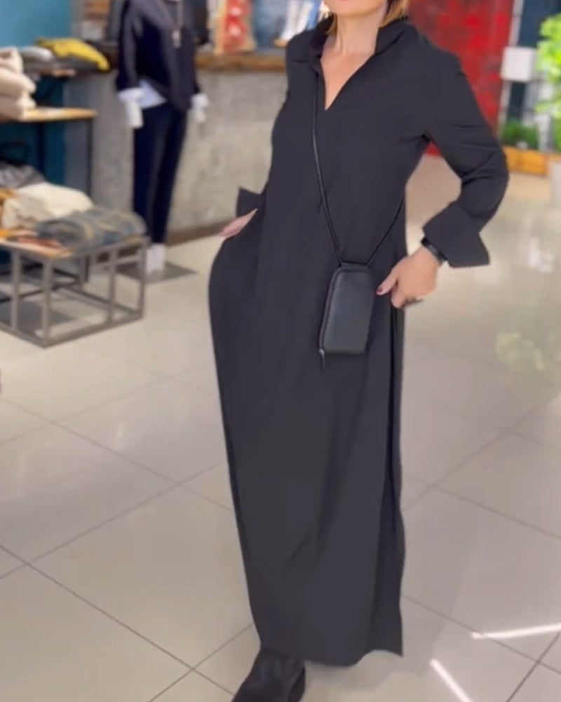 Lapel Loose Maxi Dress Women Side Slit Casual Elegant Fashion 2