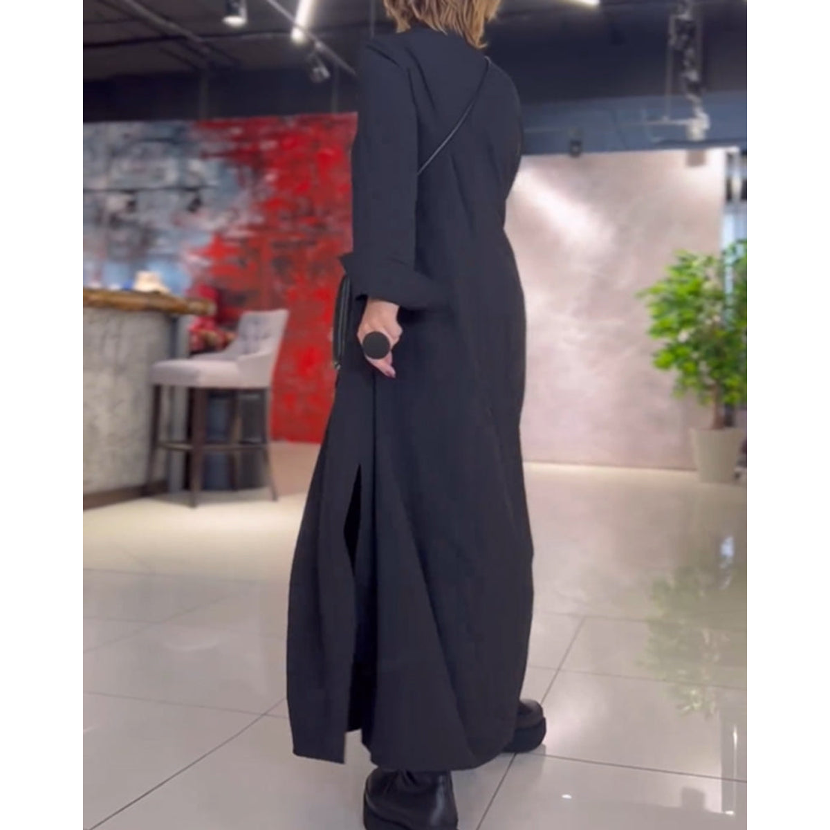 Lapel Loose Maxi Dress Women Side Slit Casual Elegant Fashion 3