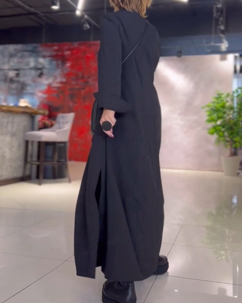 Lapel Loose Maxi Dress Women Side Slit Casual Elegant Fashion 3