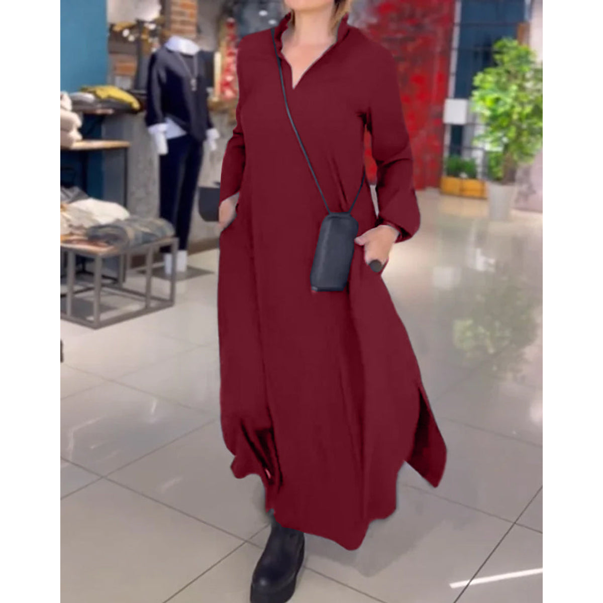 Lapel Loose Maxi Dress Women Side Slit Casual Elegant Fashion 4